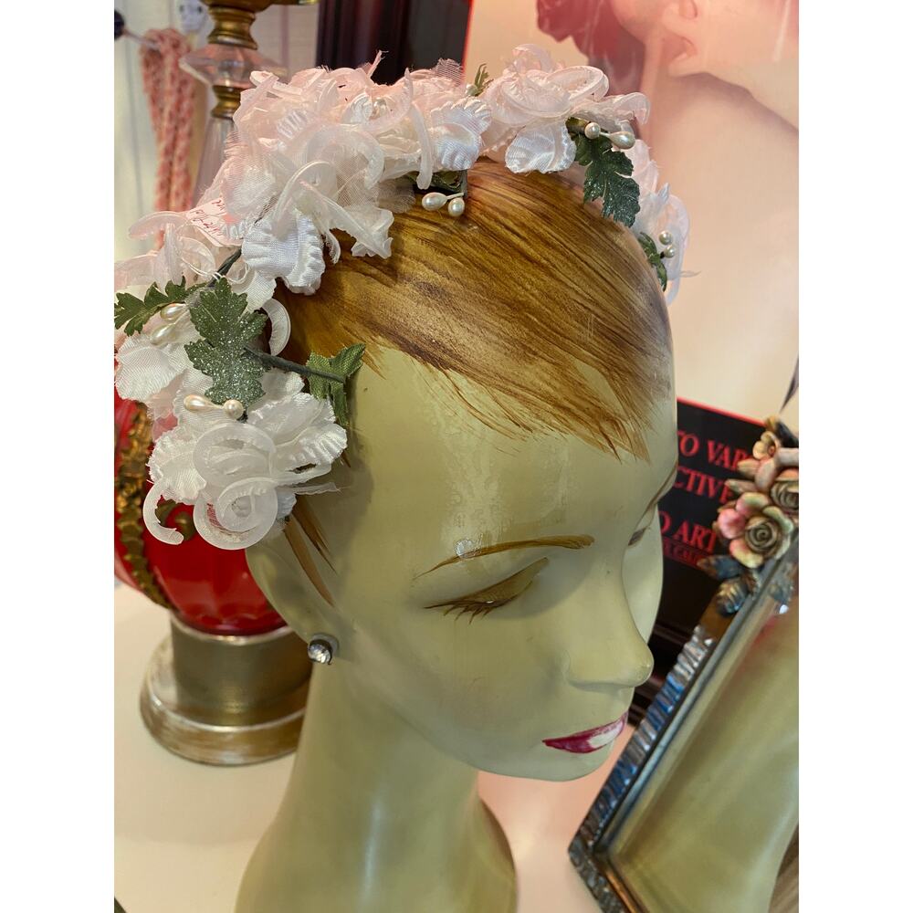 vintage 1950s white floral headpiece 50s bridal hat wedding headband rockabilly